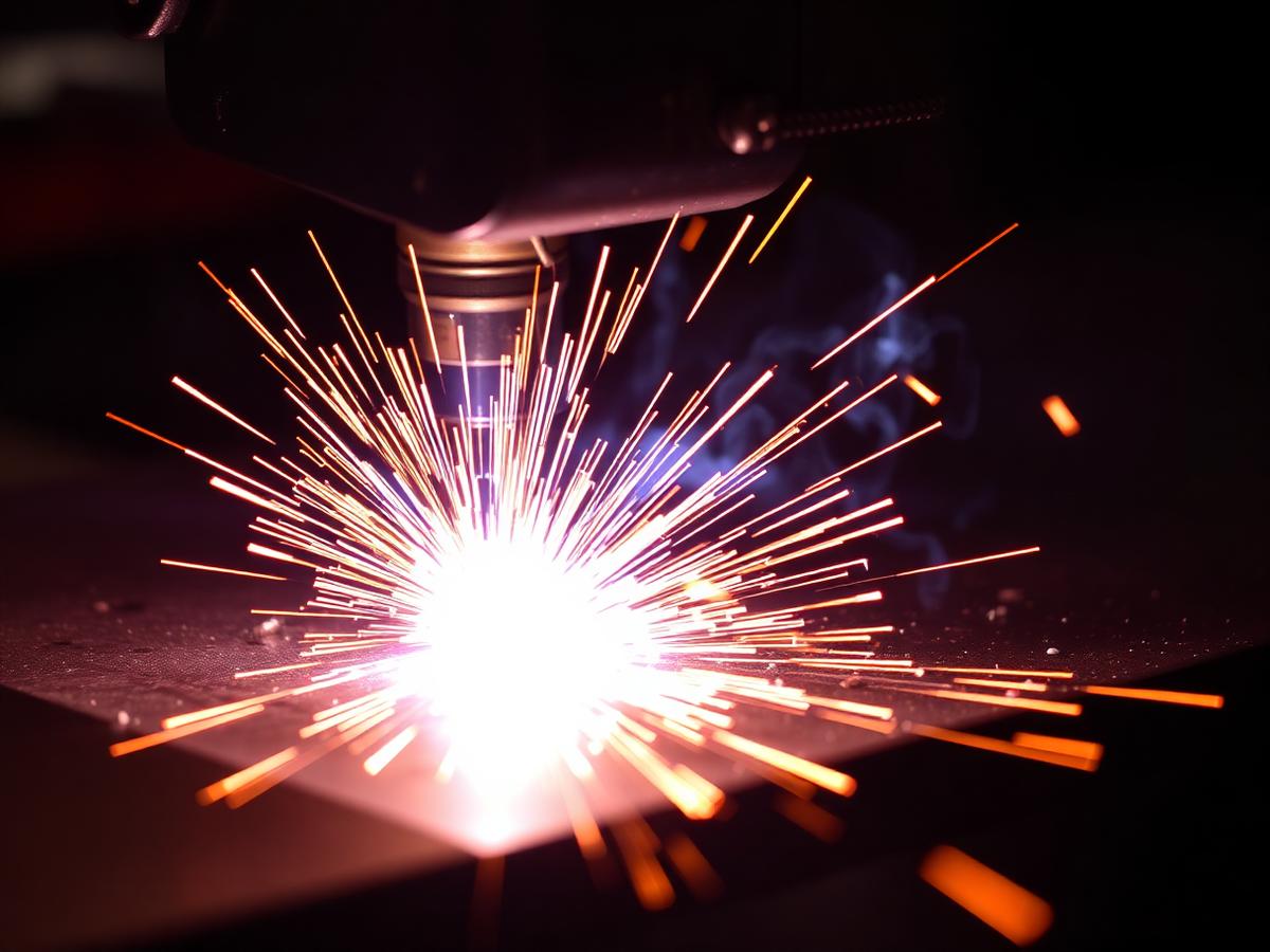 Welding arc on steel plate throwing sparks
